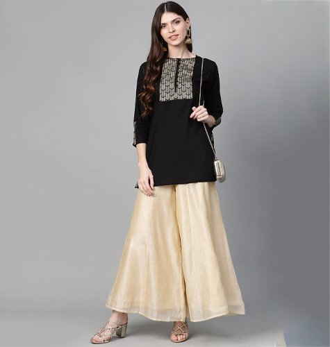 Women Black & Golden Foil Print Tunic